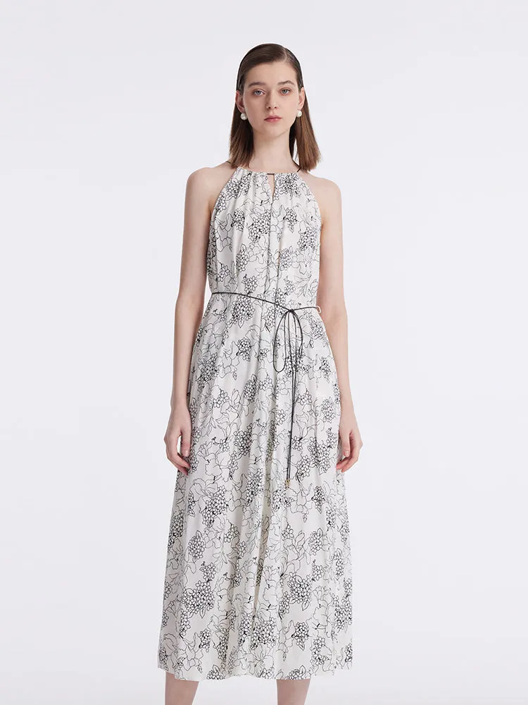 20 Momme Mulberry Silk Iris Printed Women Halter Maxi Dress With Belt