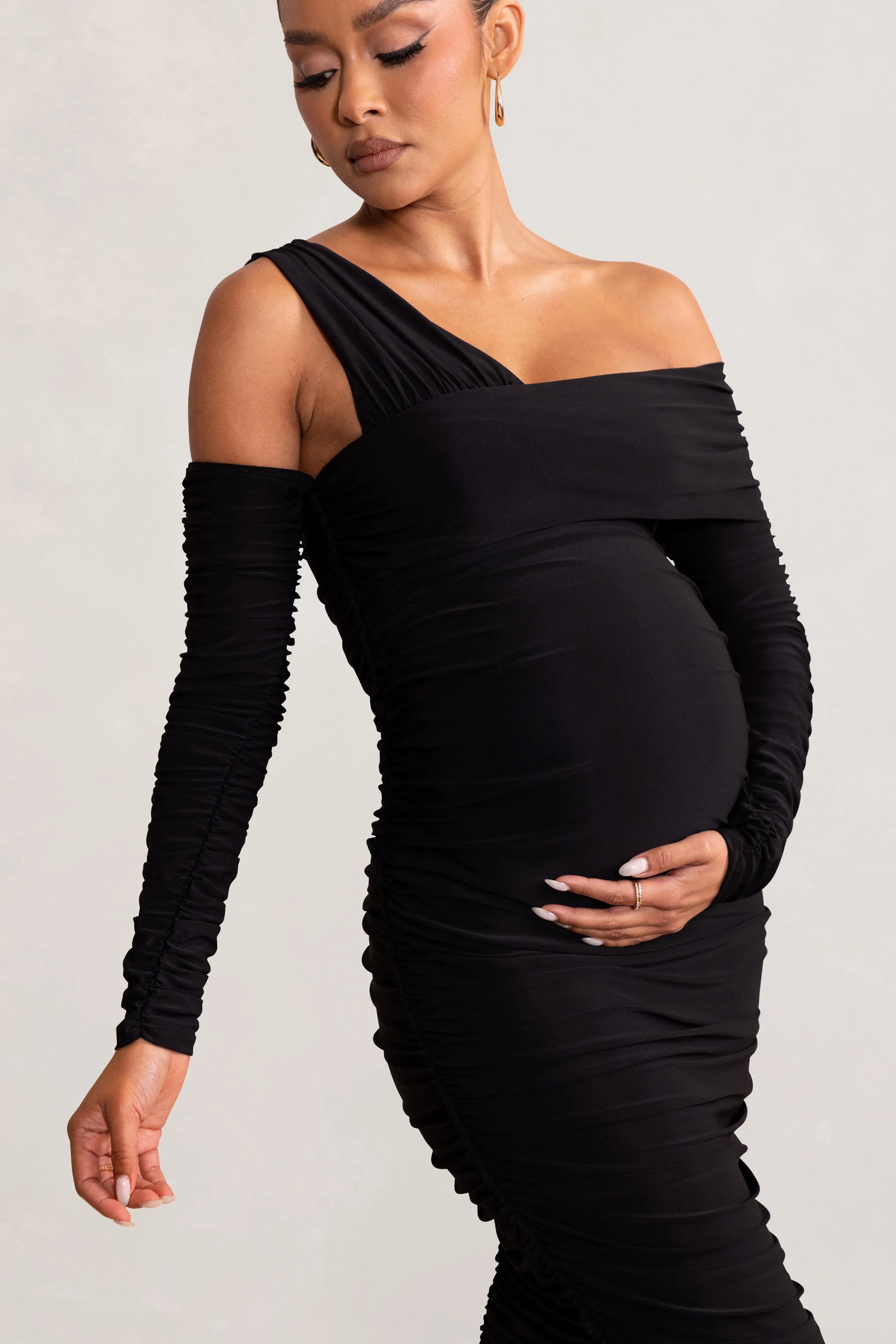 Neile | Black Asymmetric Bardot Maternity Midi Dress with Sleeves